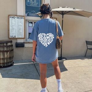 Take Care of Yourself Blue Graphic T-Shirt
